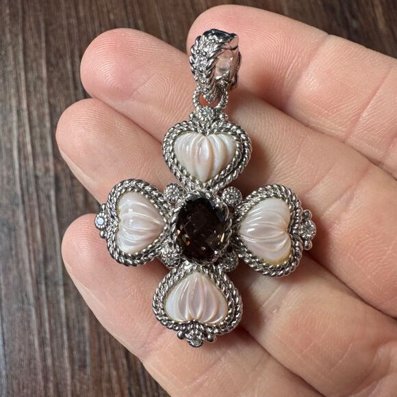 Judith Ripka 925 Silver Pink MOP Heart + CZ Maltese Cross Pendant Chain Necklace - Picture 11 of 17